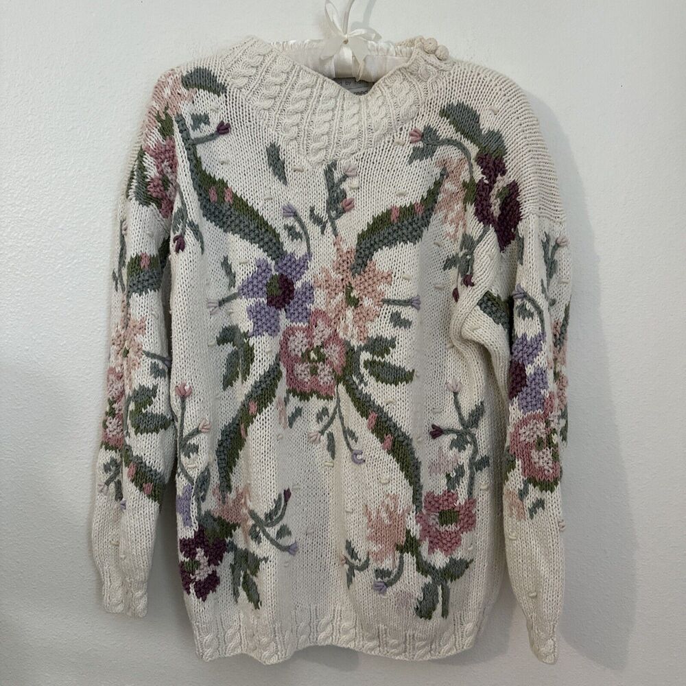 Vintage Jennifer Reed Hand Knit Sweater Womens L Cottage Core Fairy Cream